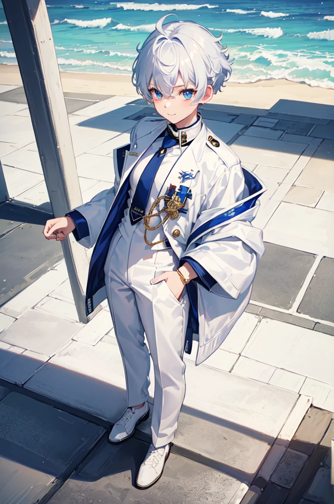 masterpiece, top quality, best quality, official art, beautiful and aesthetic:1.2), (8k, best quality, masterpiece:1.2), (((masterpiece))), (((best quality))), (((extremely detailed))), illustration, who, (masterpiece, top quality, best quality, official art, beautiful and aesthetic:1.2), (8k, best quality, masterpiece:1.2), classroom, standing, detailed eyes, blue eyes, white , (((white jacket))), white vest, (((marine jacket with small medals))), necktie, well dressed, anime trap, tomboy, rat tail, (((white dress pants))), white and blue hair, frizzy hair, short hair, smile, full body, classroom, confident, silly, 5’8, tone body