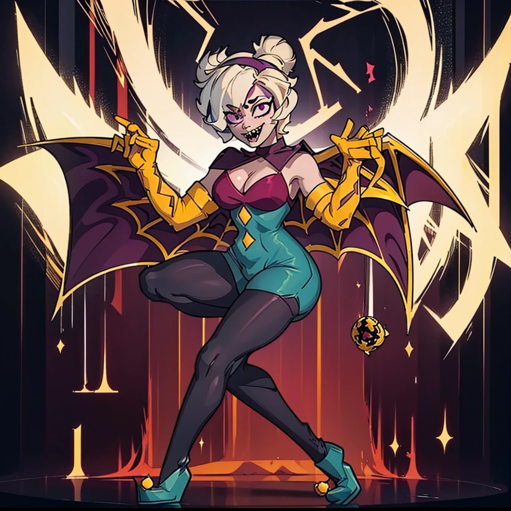 colettetrixie, sharp teeth, hair over one eye, hairband, demon horns, colored sclera, purple shirt, purple shorts, demon wings, CHARLIEBS, BLONDE HAIR, HAIR BUN, SHORT HAIR, BODYSUIT, CLEAVAGE, CAPE, YELLOW GLOVES, ELBOW GLOVES, PANTYHOSE, GREEN FOOTWEAR, 4k, 8k, hd, hdr