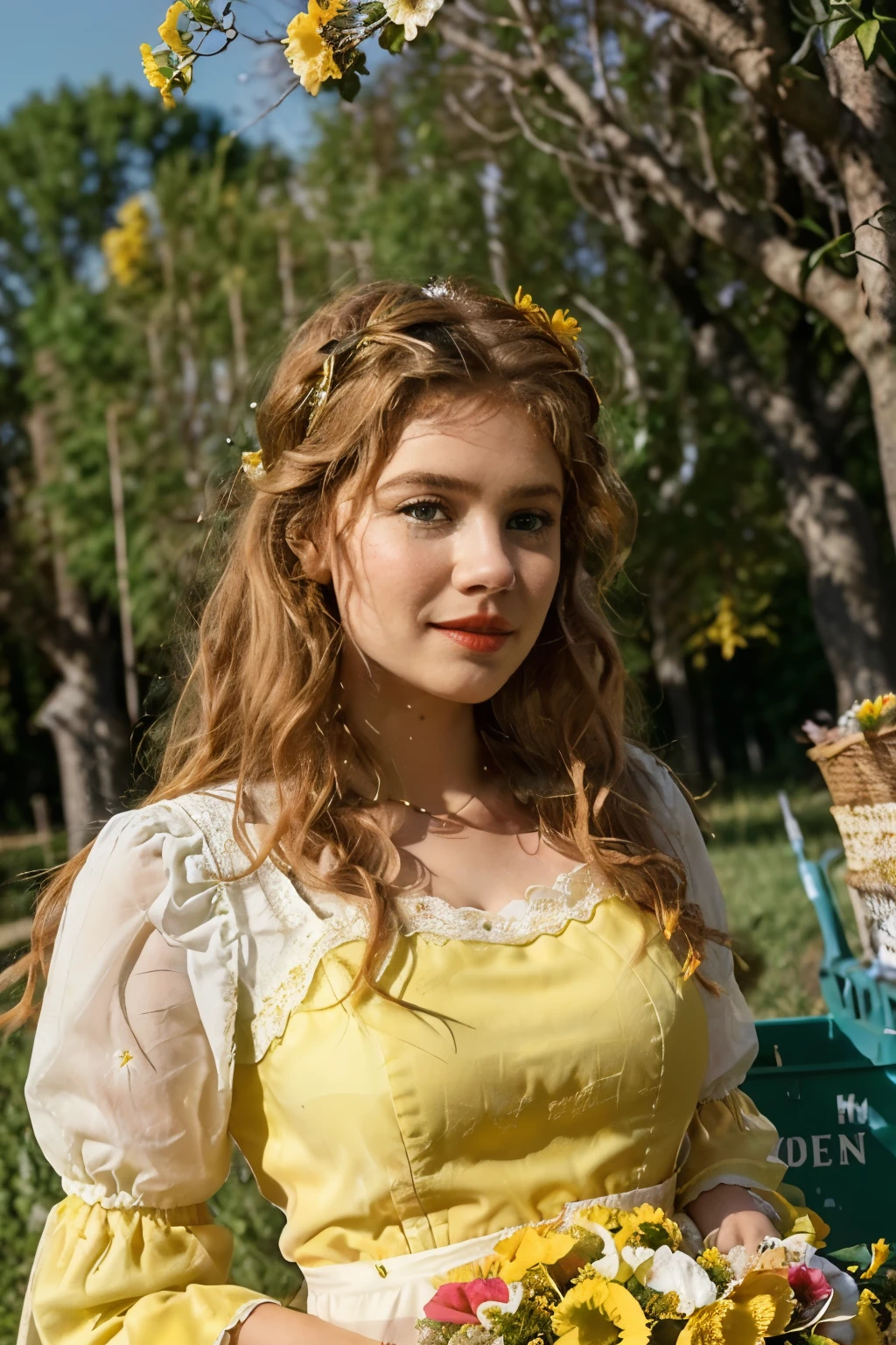light brown wavy hair (almost white blue eyes) yellow headband with small flowers (appears in the full-length photo showing her yellow dress with puffed sleeves) (She has a basket of colorful flowers in her arms, picking a yellow rose) (In the background there are carts and horses in the middle of several trees) (the sun is strong and the rays illuminate the entire scene with their rays) (she wears red lipstick) (The dress has a square neckline with lace trim) (Your eyes are big and expressive)