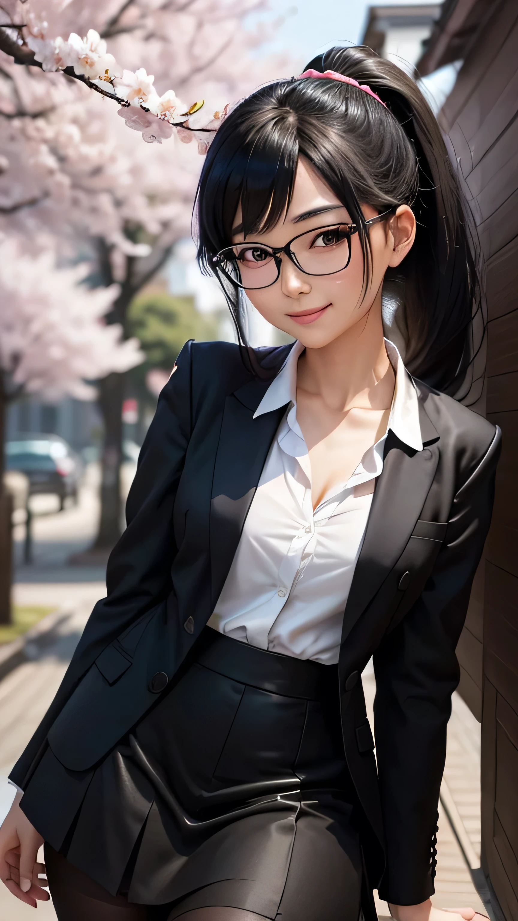 A full-body portrait of a 25-year-old intelligent Japanese woman with black hair in a ponytail, wearing glasses, and a cherry blossom hair accessory. She is dressed in a black suit with a white shirt, black skirt, and black pantyhose. The woman is smiling gently.