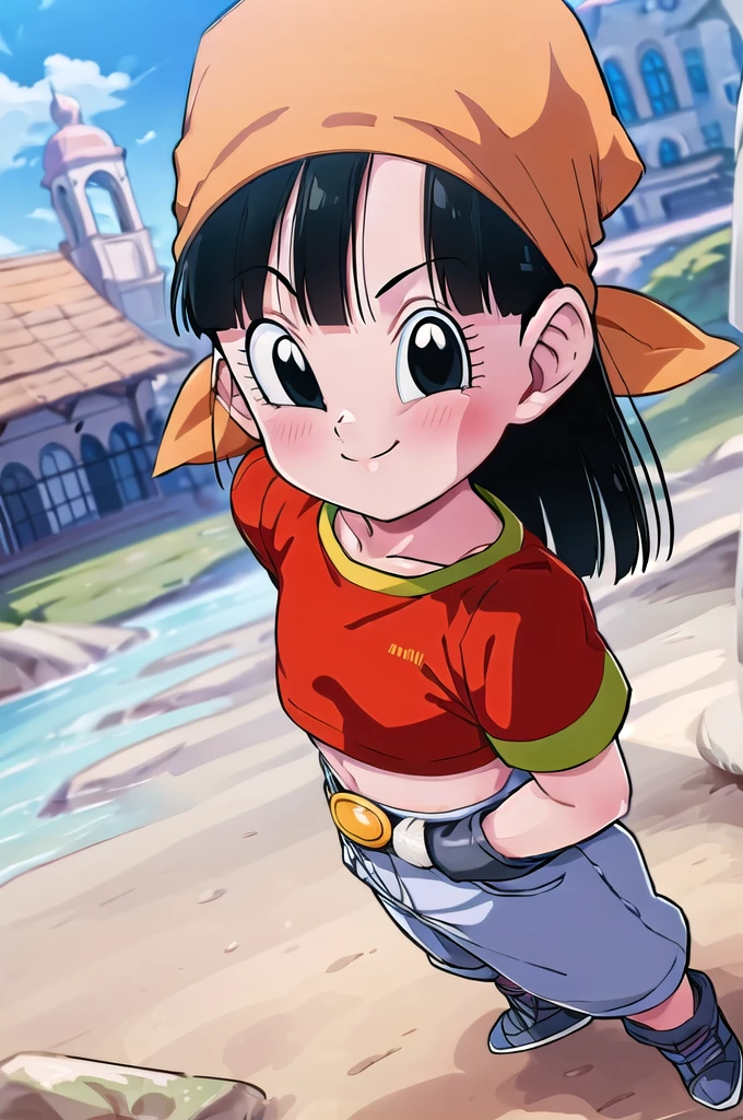 masterpiece,
1girl, solo, short black hair, (black eyes), pan,
from above, smile, portrait, looking at viewer, outside building, street
bandana, red shirt
blue sky, building, sunlight,