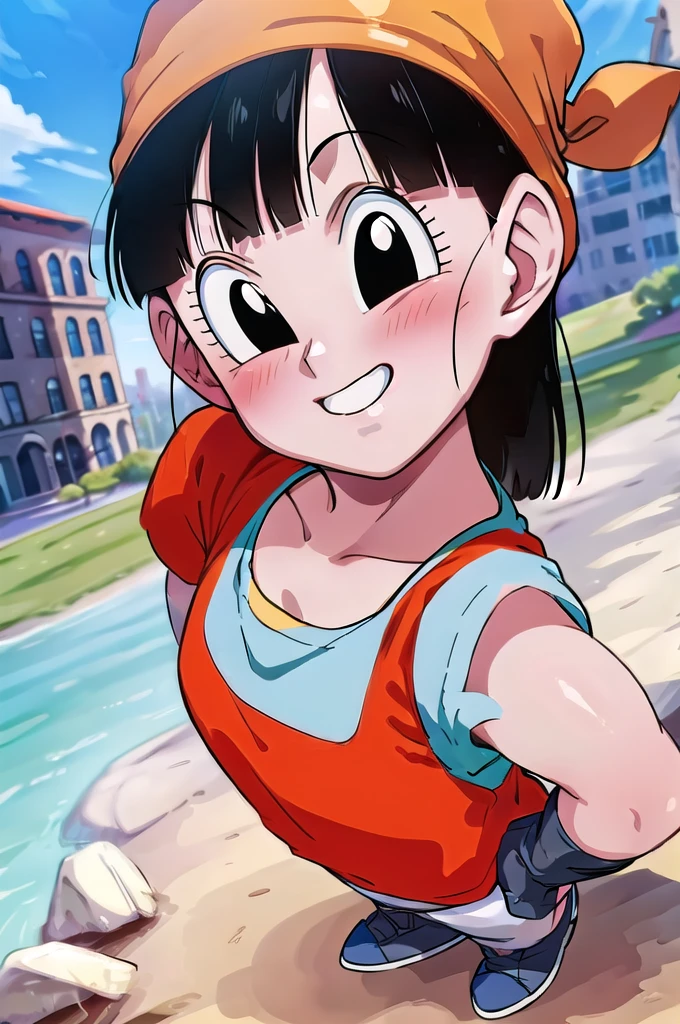 masterpiece,
1girl, solo, short black hair, (black eyes), pan,
from above, smile, portrait, looking at viewer, outside building, street
bandana, red shirt
blue sky, building, sunlight,
