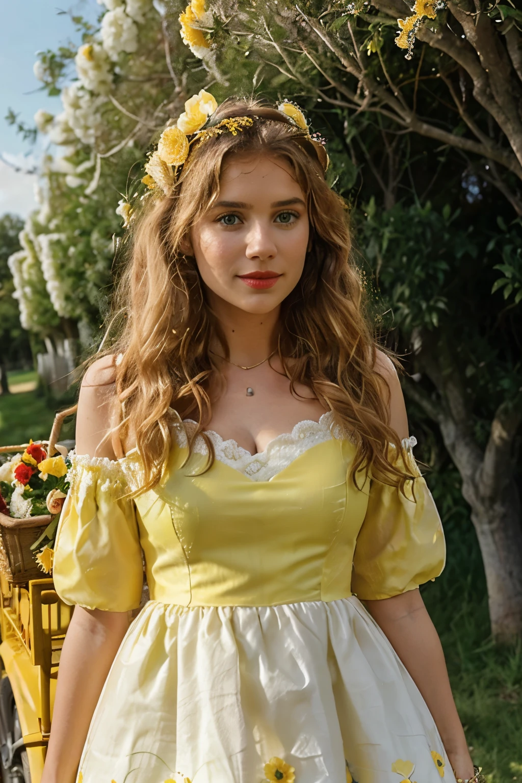 light brown wavy hair (almost white blue eyes) yellow headband with small flowers (appears in the full-length photo showing her yellow dress with puffed sleeves) (She has a basket of colorful flowers in her arms, picking a yellow rose) (In the background there are carts and horses in the middle of several trees) (the sun is strong and the rays illuminate the entire scene with their rays) (she wears red lipstick) (The dress has a square neckline with lace trim) (Your eyes are big and expressive) 