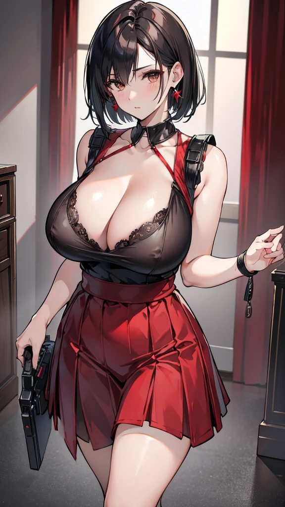 Resident Evil,have.king,Red bottom skirt,Slender,short black hair,Brown eyes,earrings,Sexy,Huge chest,Cleavage,camera in hand,metal pistol,night,village