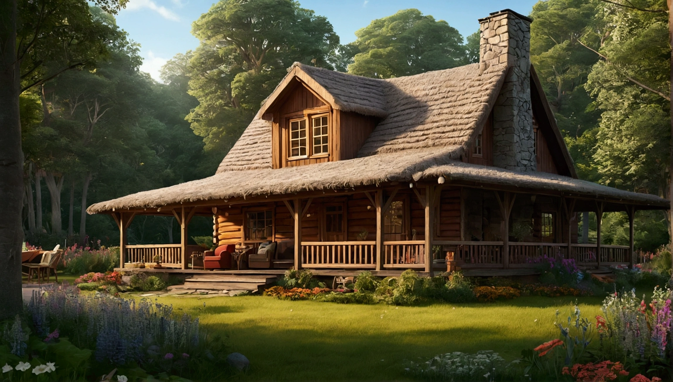 ((best quality)), ((masterpiece)), ((animated)) ,(detailed), (illustration), (colorful) ,A rustic wooden cabin with a thatched roof, surrounded by dense forest. A porch features rocking chairs and an antique wooden table. Inside, a large wood stove and dark wood furniture provide warmth, with a wool blanket draped over a cozy sofa. Large windows offer views of tall trees and a wildflower garden. (Best quality,Ultra-detailed),Warm color tones,Soft lighting