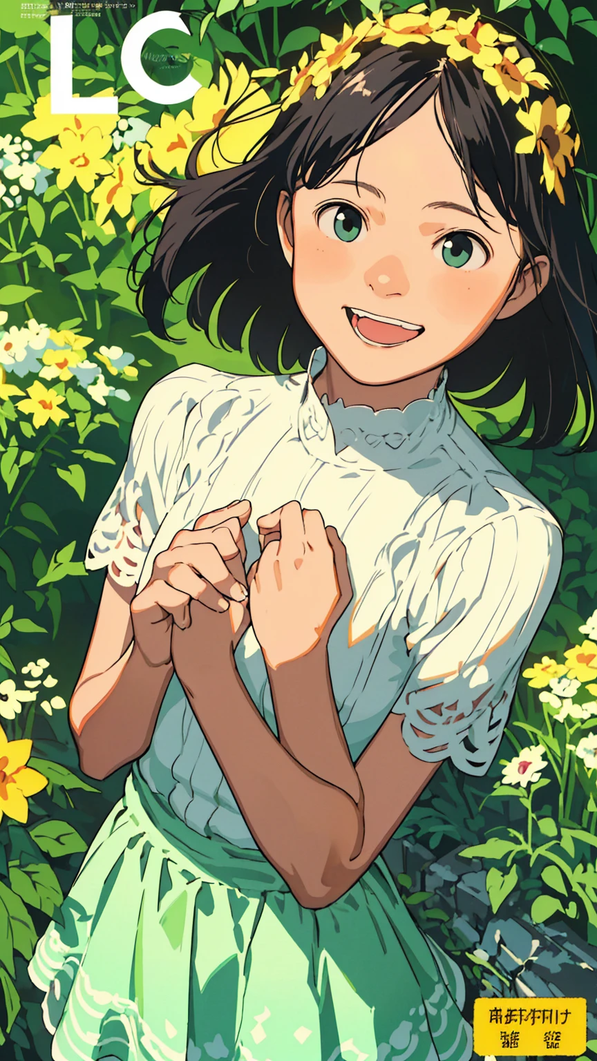 Affordable design, Clear lines, High Sharpness, (Highest quality,8K,Perfect sharpness,Ultra fine,High resolution,masterpiece:1.2), Perfect Anatomy:1.5, Official Art, Illustrations that tell a story, (Whitish background:0. 9)、Body Positivity、多Mr.な身体表現、(Random and energetic poses)、Perfect beauty、Perfect beautiful face、Strong winds、A rich expression、Dynamic composition、smile、Golden ratio composition、colorful、((Mr.々Different angles and perspectives))、Anime Art、(Mini dress)、(Overcoming stereotypes)、 Glowing Skin、(Natural beauty)、smile、Bangs、(Soft and flowing hair)、(countryside)、(Nostalgic atmosphere)、Put it up to your thighs、(Playful and carefree)、(多Mr.な民族のキャラクター)、(innocent attitude)、(Sunny atmosphere)、(The skirt flutters wildly in the wind)、(Bright colors)、Beautiful Eyes、(Embarrassing)、Braided Hair、Summer Scene、Smiling among flowers、Fashion magazine cover、Angle from above、