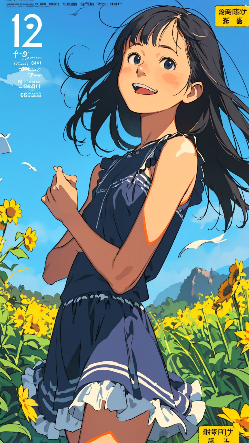 Affordable design, Clear lines, High Sharpness, (Highest quality,8K,Perfect sharpness,Ultra fine,High resolution,masterpiece:1.2), Perfect Anatomy:1.5, Official Art, Illustrations that tell a story, (Whitish background:0. 9)、Body Positivity、多Mr.な身体表現、(Random and energetic poses)、Perfect beauty、Perfect beautiful face、Strong winds、A rich expression、Dynamic composition、smile、Golden ratio composition、colorful、((Mr.々Different angles and perspectives))、Anime Art、(Mini dress)、(Overcoming stereotypes)、 Glowing Skin、(Natural beauty)、smile、Bangs、(Soft and flowing hair)、(countryside)、(Nostalgic atmosphere)、Put it up to your thighs、(Playful and carefree)、(多Mr.な民族のキャラクター)、(innocent attitude)、(Sunny atmosphere)、(The skirt flutters wildly in the wind)、(Bright colors)、Beautiful Eyes、(Embarrassing)、Braided Hair、Summer Scene、Smiling among flowers、Fashion magazine cover、Angle from above、