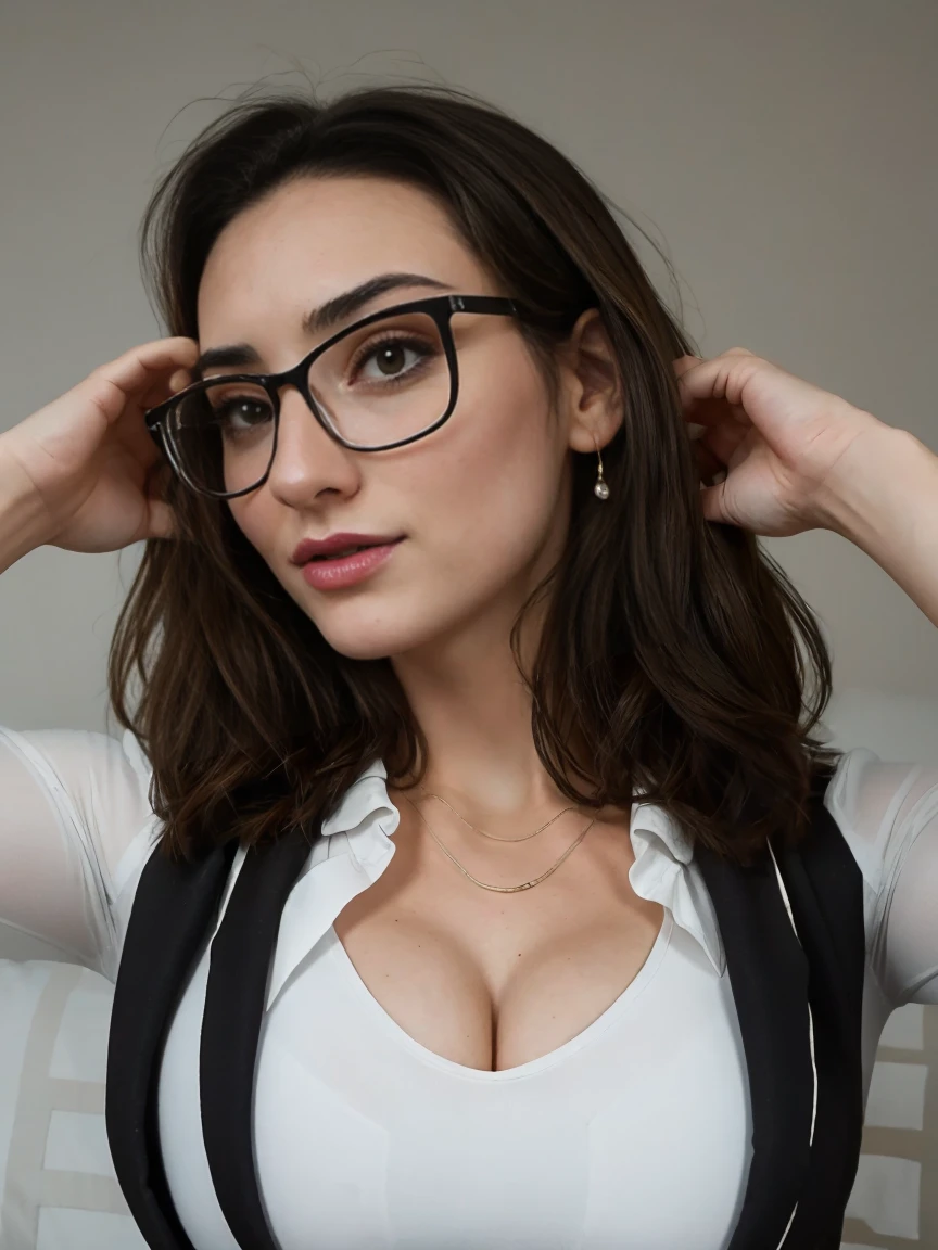 Gorgeous and sultry busty athletic (thin) brunette with sharp facial features wearing a black blazer, white blouse and black pencil skirt, glasses