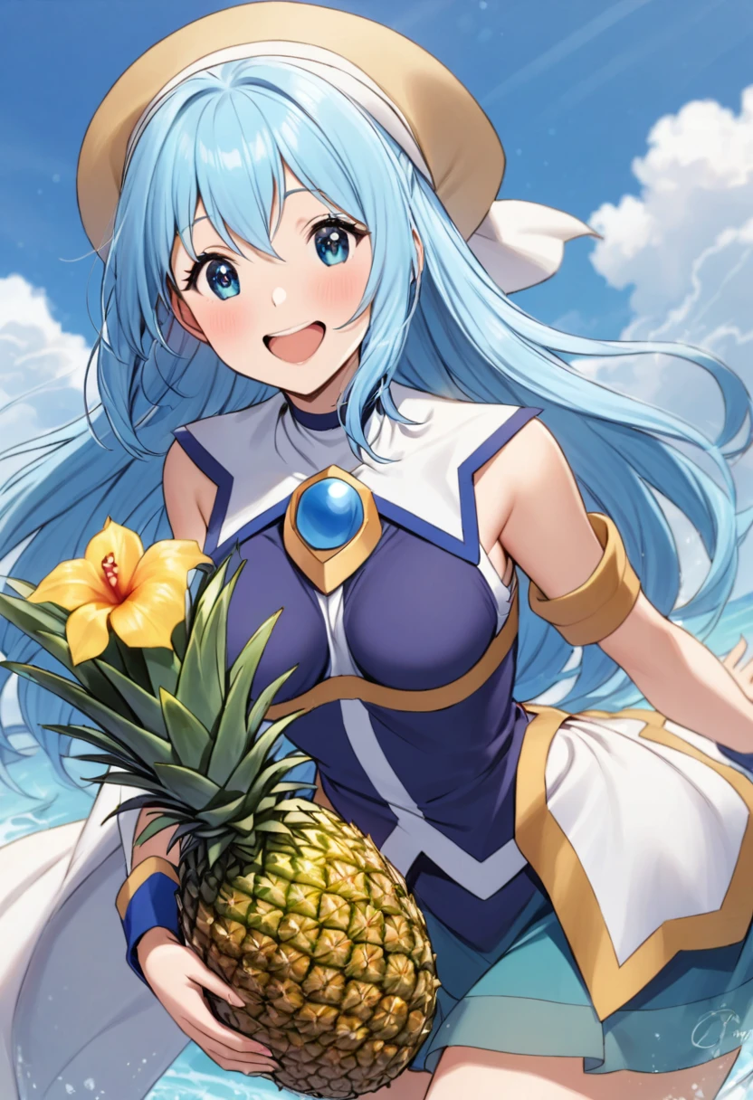 Make a girl inspired by Aqua from Konosuba. The girl will be looking straight ahead and holding a pineapple in her right hand and a bucket of water in her left hand.. Sunnyday