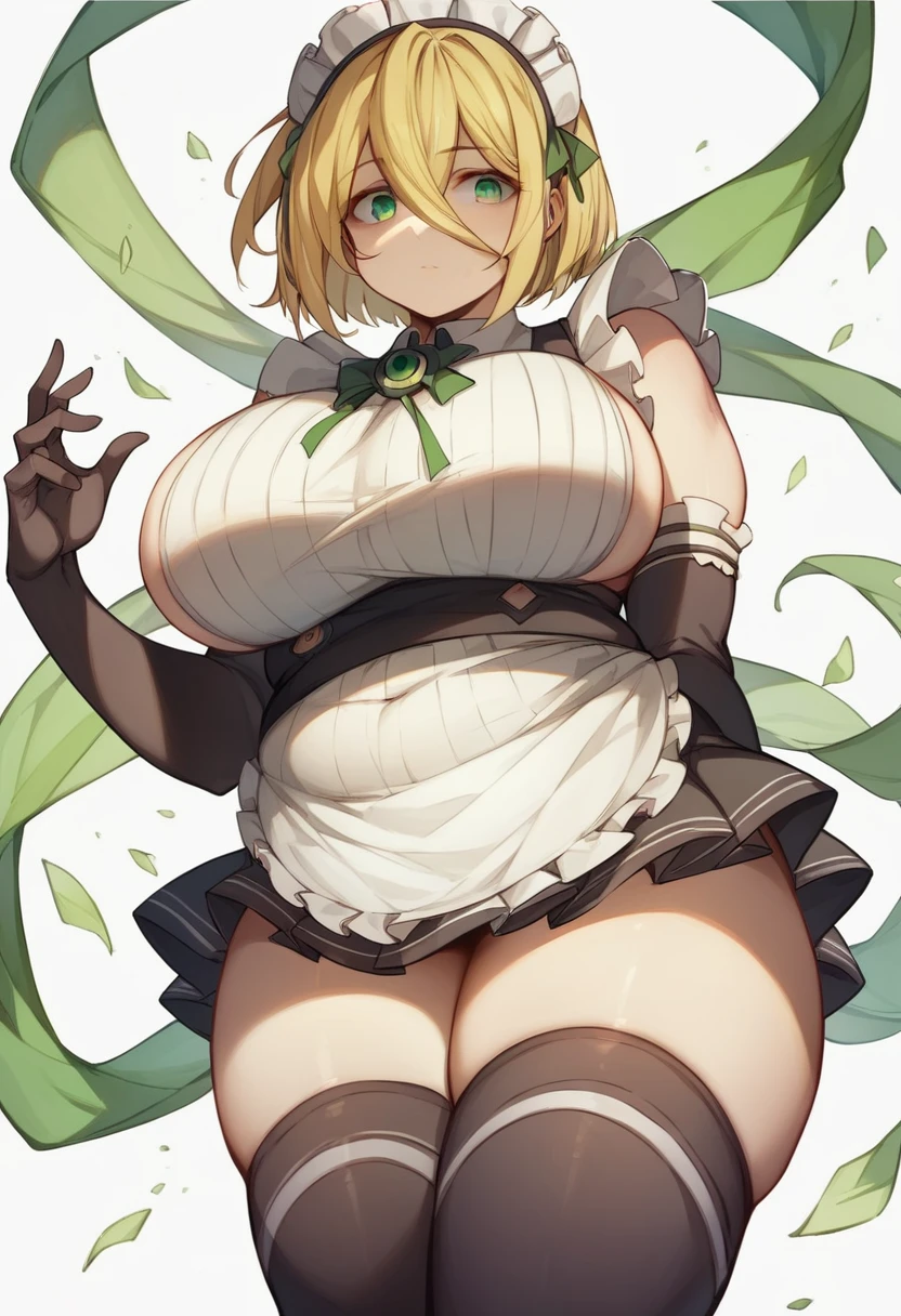 (One girl)、(bob cut)、((Blonde))、(Sato Air)、slan eyes、((boyish))、(Big super breasts)、[Chubby]、((beautiful girl))、Maid clothes、No sleeve、mini skirt、White sleeveless、((hairs between eyes))、((thigh-high socks thighhighs))、(long gloves)、green eye、say、arm behind back、flipped hair、White Background、