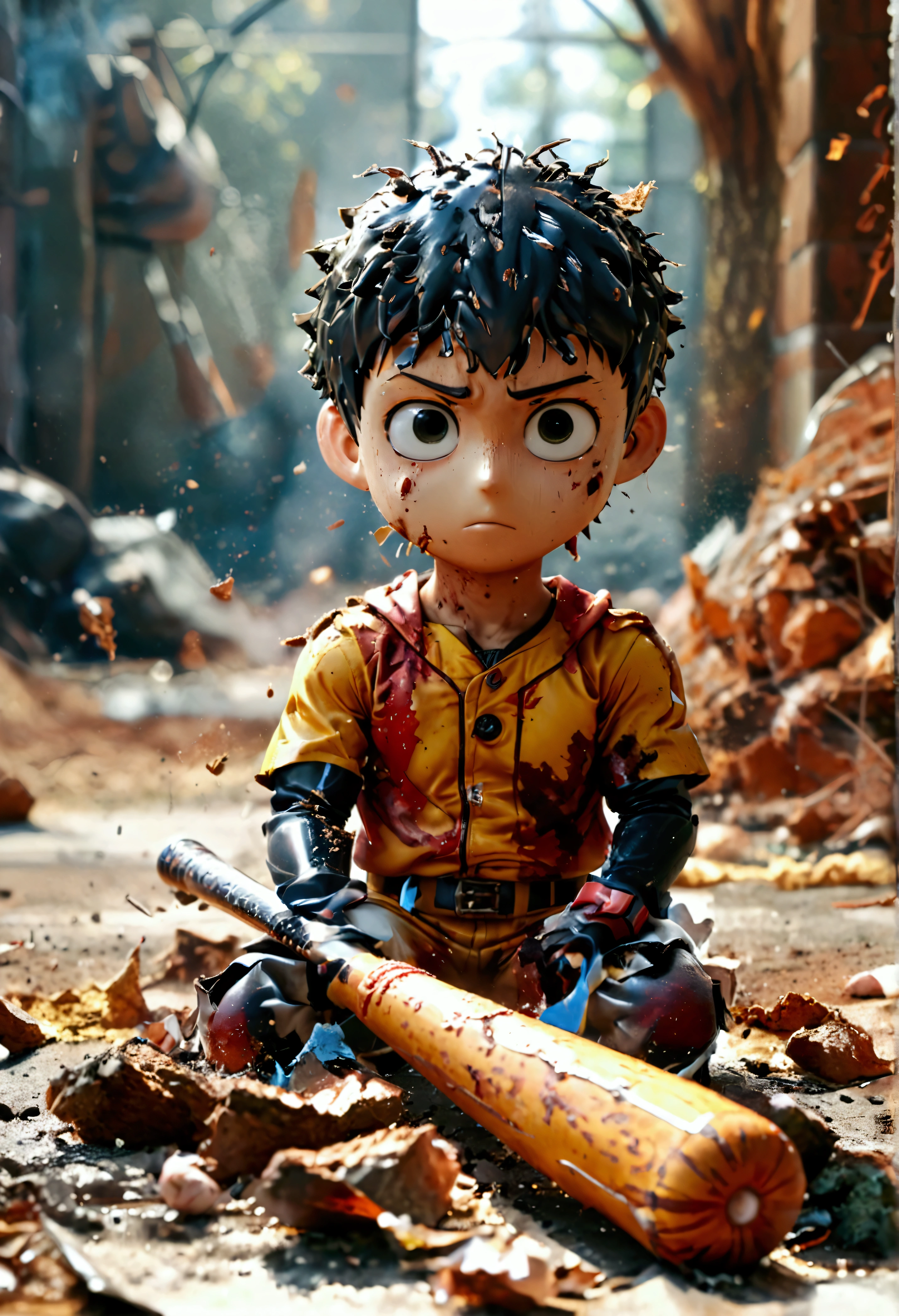 One Punch Man, Saitama, dressed in a baseball player outfit looking stunned and confused, badly damaged baseball bat in his hand, exploded baseball remains fall to the ground