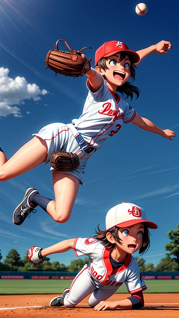 Female Baseball Players、third baseman、Diving catch of a powerful ball、Blinder