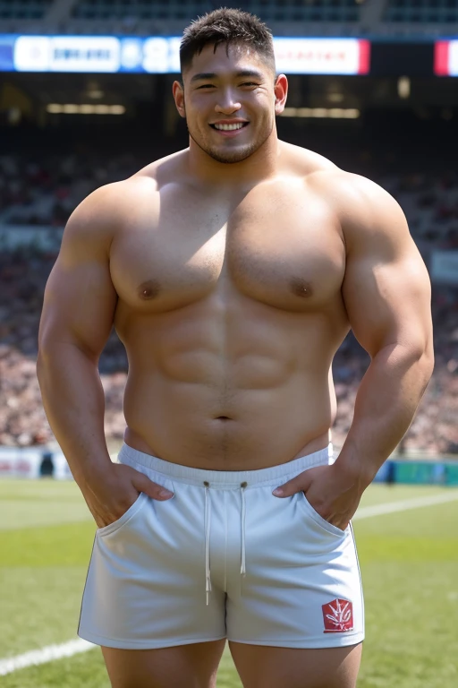 ((highest quality)), ((masterpiece)), (detailed), ((Perfect Face)), 4k, Shaved head, Young Japanese, Muscular, Fat body, Very big man, smile, ((showing off crotch)) A large Japanese man shirtless、whole body、Rugby player、Thick legs、Thick arm muscles、Intimidating、whole body、wearing a very tight and very short black-shorts,  (shirtless)、((At the rugby field)), 