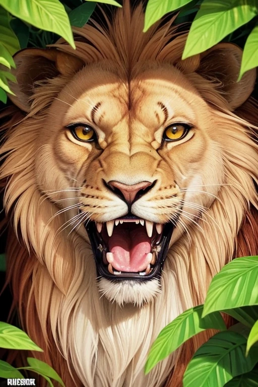 Male lion roaring in the middle of a tropical jungle with foliage and many colorful flowers around, showing his green tongue and sharp teeth and with braids in his orange mane and warm yellowish coat, and green eyes, music album cover style a close up of a leão with its mouth open in a jungle, senhor da selva, Rei da floresta, aslan the leão, leão icon, leão head, rainha da selva, half leão, third leão head, face of an leão, portrait of a leão, forte e feroz, leão, fire leão, leão's mane, leão mane