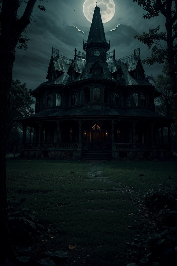 A spooky haunted house in the moonlight, pumpkins, bats, full moon, dark forest, cobwebs, creepy atmosphere, dramatic lighting, gothic architecture, surreal fantasy, muted color palette, cinematic composition, masterpiece