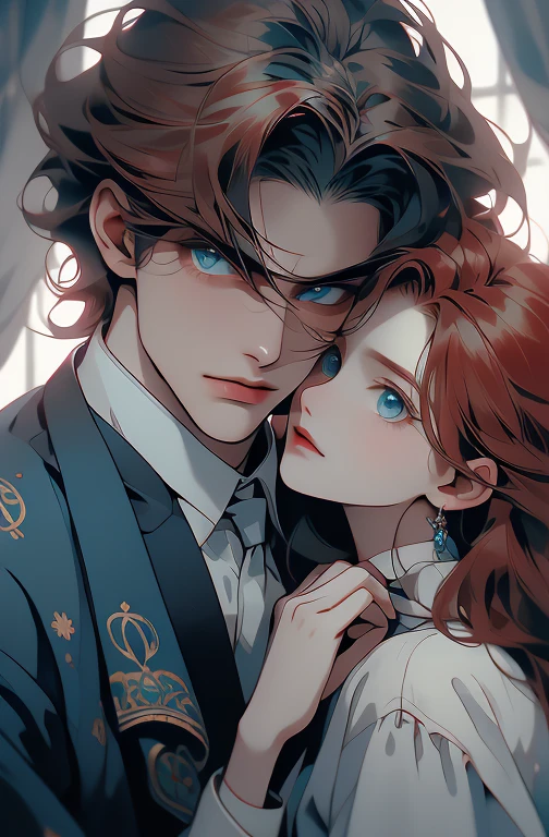 (High quality , ultra detailed, careful with hand) Zodiac - Cancer god, similar to latin good , Intelligent, crafty, rational, strong-willed face , Tenacious, moody, irritable, oppressive style , ocean blue eyes(eyes detail), dark red hair , elegant greek clothing , in the ballroom with partner , height difference. whole body , musculoso,