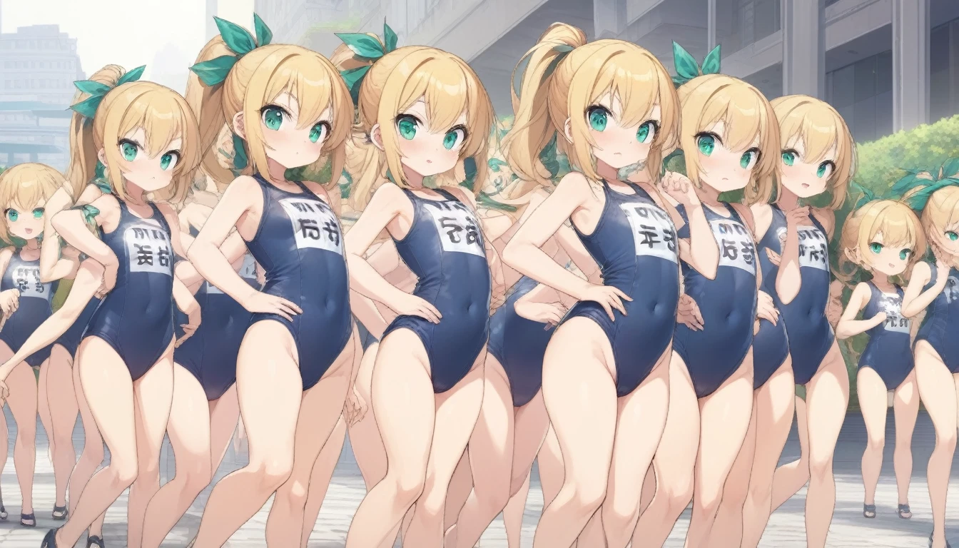 20000+ clone girls, roll(mega man classic),swimsuit roll(mega man x dive old design),mega man x dive, Short stature,flat chest,clone girls,extremely number of clone girls, blond hair, green eyes,high ponytail hair,Sleeveless navy one piece old type school swimsuit with white stripes from armpit to flank,white name tag, navy heeled sandals, green ribbon,human appearance,same height,same appearance, same face,fill the entire image, absolutely everyone, many clone, perfect features,multiple clone girls,same school swimsuit,same hair,official art,girls only,extremely full of extremely crammed,huge crowd,densely packed, masterpiece, best quality,insanely detailed,horde of clone girls, lots of clone girls
