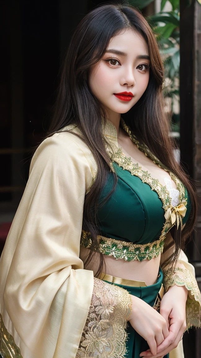 Gorgeus Girl, Beautiful, Baby Face, 20 Years Old, Red Lipstick, Sensual Lipstick, Sensational Make up, White Skin, Large Colossal Breasts, Both Arms Open to The Side, (Green-Gold Kebaya), Green Indonesian Kebaya, Brown Retina, Muscles, Bokeh, Indonesian Culture Background, Masterpiece, Portrait, Straight Dark Hair, Perfect Lighting, HDR, ((Green-Gold Coloured)), Lace Cloak