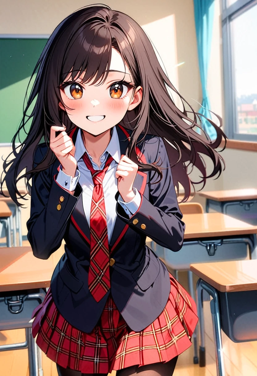 A young woman, 17-years-old, solo, Korean, loose wavy black hair, no bangs, brown eyes, black blazer, white blouse, red plaid necktie, red pleated skirt, black hose, playful smile, cheerful, classroom
