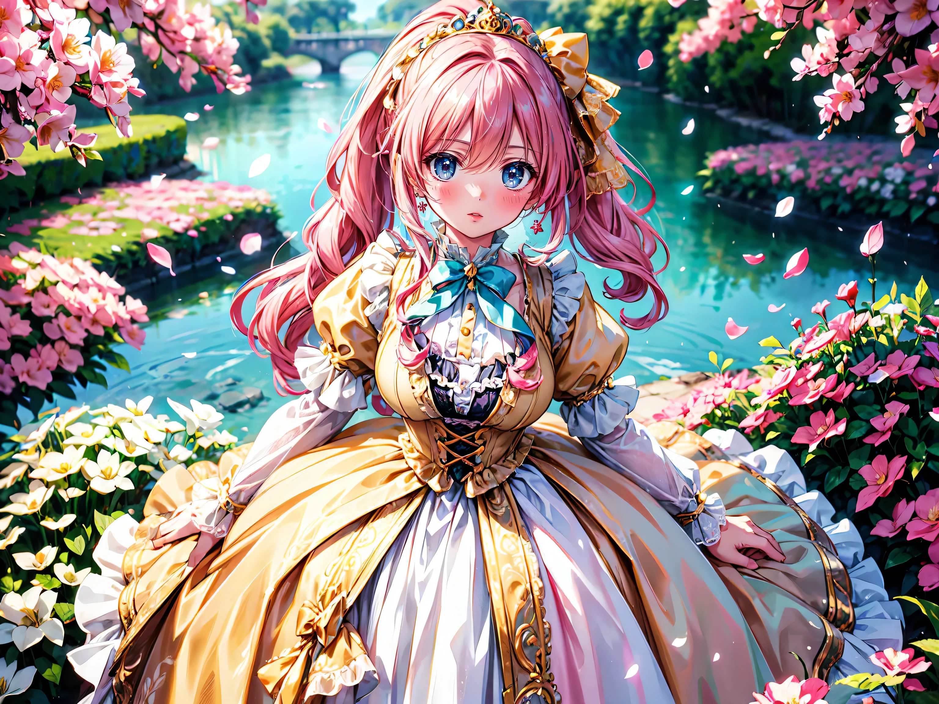 anime moe art style, ((Masterpiece, ultra detailed, exquisite quality)), (((young face solo princess))), (dress light yellow dress), (((ultra elaborate gorgeous rococo victorian gown with voluminous hoopskirt and long hems and lot of frills and pleats dense lace and cute ribbon, princess style skirt, ultra lovely gown))), (((hair pink hair))), ((fluffy long ponytail)), (Expressive very voluminous hair), ((huge breasts)), breasts cleavage, (((leaning forward, looking up, from above, front view))), super delicate face, kawaii face, (hyper detail delicate eyes, hyper beautiful eyes), (eyes blue eyes), (((So lot's of colorful flowers))), ((face focus, eyes focus, blurry background:1.5)), (isometric 3D:1.3), particle effect,