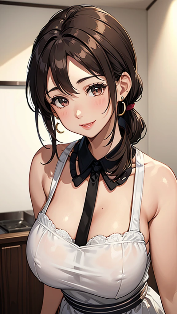 Female 26 years old,housewife,Sunlight,Smile,put on lipstick,light brown short curly hair,Tie a ponytail on the left side,Slightly plump,half moon earrings,Close-up photo of face,Home apron,Huge Breasts,There is a mole at the corner of the mouth