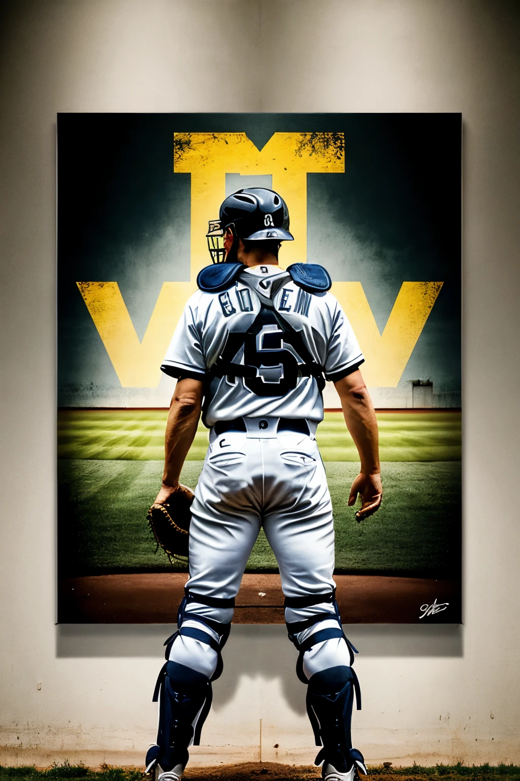 catcher, baseball, from behind, epic shot, dramatic, artwork, pop art