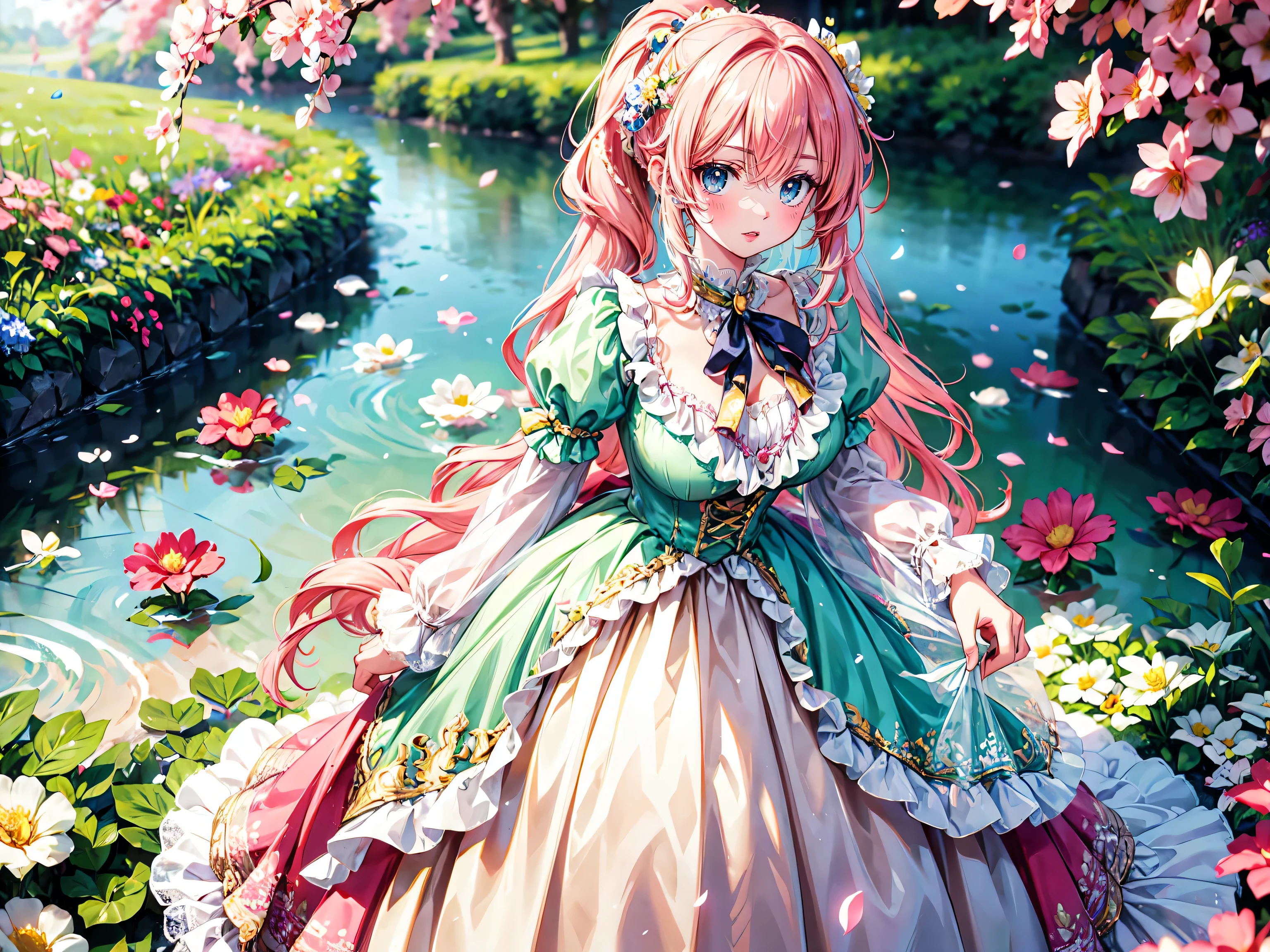 anime moe art style, ((Masterpiece, ultra detailed, exquisite quality)), (((young face solo princess))), (dress light yellow dress), (((ultra elaborate gorgeous rococo victorian gown with voluminous hoopskirt and long hems and lot of frills and pleats dense lace and cute ribbon, princess style skirt, ultra lovely gown))), (((hair pink hair))), ((fluffy long ponytail)), (Expressive very voluminous hair), ((huge breasts)), breasts cleavage, (((leaning forward, looking up, from above, front view))), super delicate face, kawaii face, (hyper detail delicate eyes, hyper beautiful eyes), (eyes blue eyes), (((So lot's of colorful flowers))), ((face focus, eyes focus, blurry background:1.5)), (isometric 3D:1.3), particle effect,