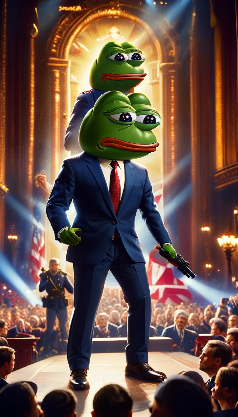 a highly detailed, photorealistic, 8k image of pepe the frog, a political figure on stage, with a bodyguard protecting him, dramatic pose, cinematic lighting, intricate background, vibrant colors