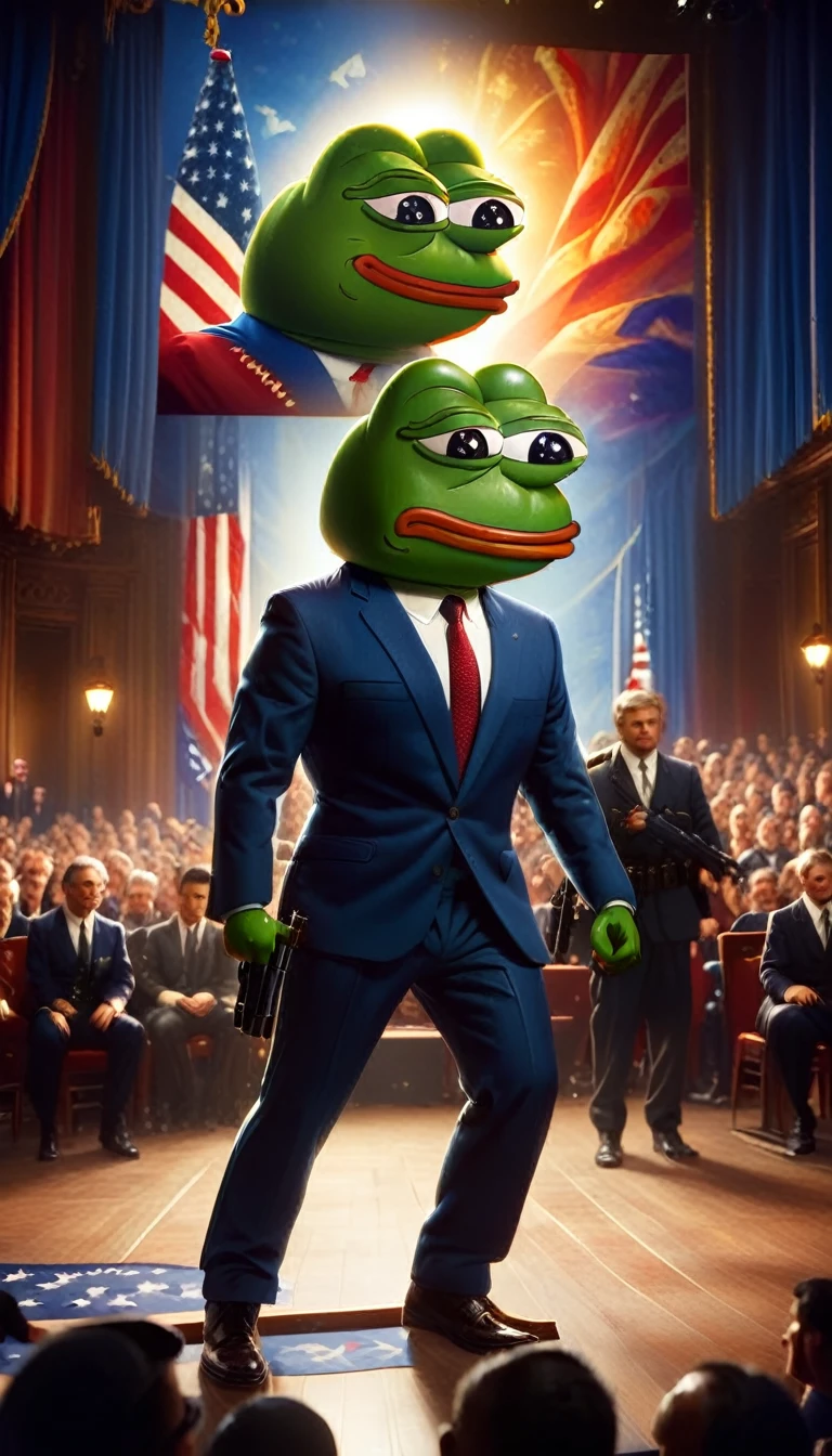 a highly detailed, photorealistic, 8k image of pepe the frog, a political figure on stage, with a bodyguard protecting him, dramatic pose, cinematic lighting, intricate background, vibrant colors