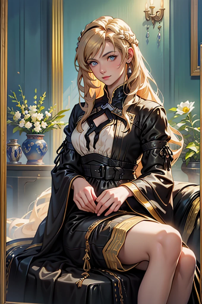 woman with defined facial features, long curly hair, pale gold color,blue eyes, wearing a medieval nobility dress,sitting on a leather sofa, holding a bird with one hand,oil painting, framed picture, Wooden frame, above a fireplace, vases with white flowers