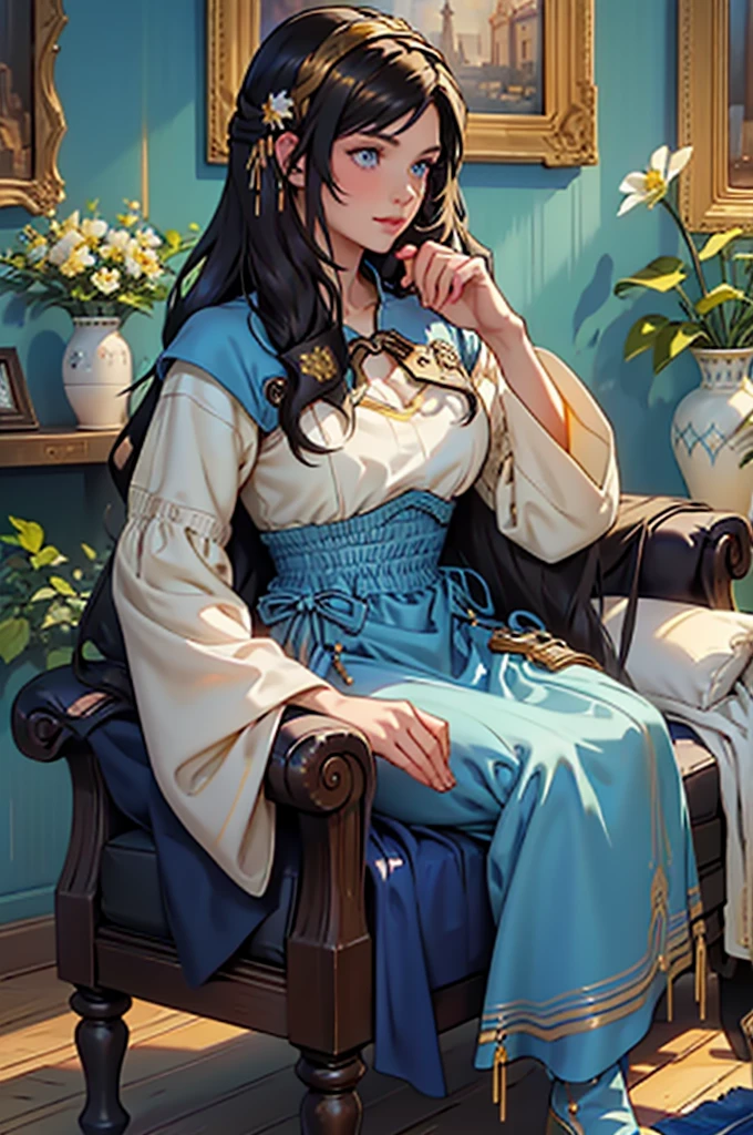 woman with defined facial features, long curly hair, pale gold color,blue eyes, wearing a medieval nobility dress,sitting on a leather sofa, holding a bird with one hand,oil painting, framed picture, Wooden frame, above a fireplace, vases with white flowers