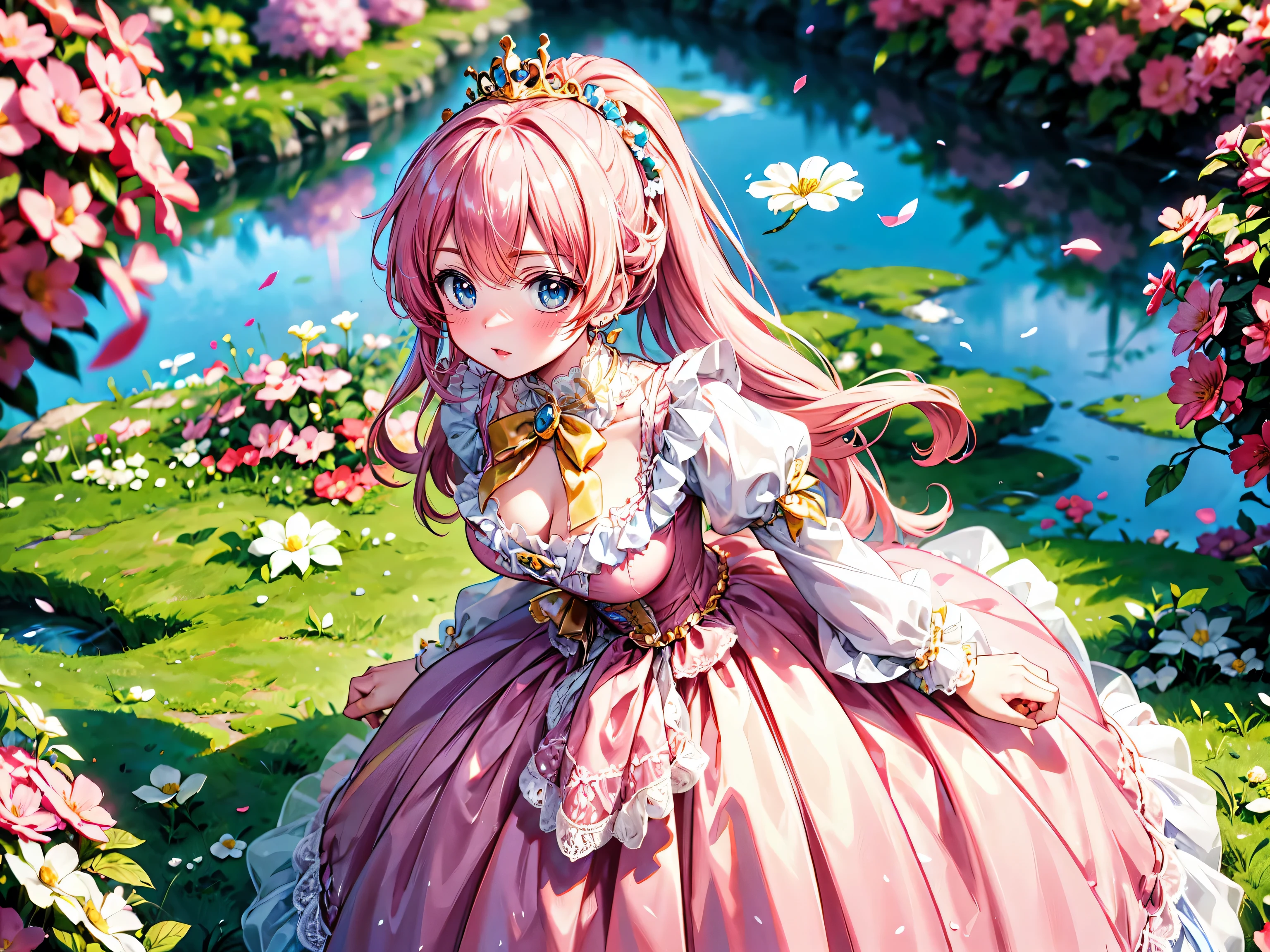 anime moe art style, ((Masterpiece, ultra detailed, exquisite quality)), (((young face solo princess))), (dress light yellow dress), (((ultra elaborate gorgeous rococo victorian gown with voluminous hoopskirt and long hems and lot of frills and pleats dense lace and cute ribbon, princess style skirt, ultra lovely gown))), (((hair pink hair))), ((fluffy long ponytail)), (Expressive very voluminous hair), ((huge breasts)), breasts cleavage, (((leaning forward, looking up, from above, front view))), super delicate face, kawaii face, (hyper detail delicate eyes, hyper beautiful eyes), (eyes blue eyes), (((So lot's of colorful flowers))), ((face focus, eyes focus, blurry background:1.5)), (isometric 3D:1.3), particle effect,