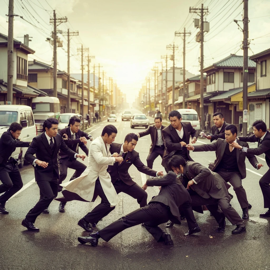 2 groups of yakuza fighting, realistic, cinematic, very detailed, very epic, very detailed, 4k