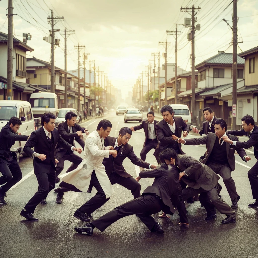 2 groups of yakuza fighting, realistic, cinematic, very detailed, very epic, very detailed, 4k