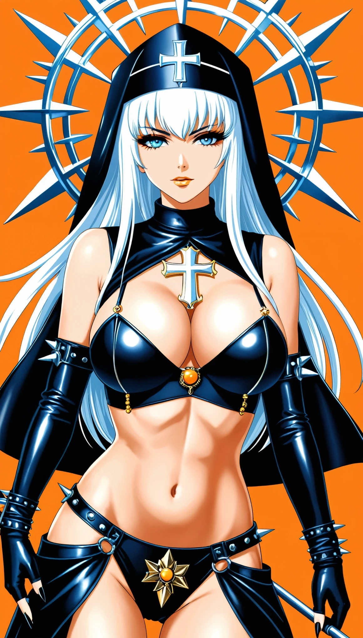 in style of Georg Jensen,Wearing a azul leather jacket,metal cross weapon,Gold ornaments,White long hair,Waist,(Abdominal muscles:1.2),shinny skin,detail eyes,Heterochondria,huge and soft breasts,(((Umbilical nail puncture))),Orange background,Spiked Gothic Punk ,Warrior Nun, anime girl sacred armor, Cybergoth, A fusion of anime style with Fujifilm, inspired by《Saint Lucy Legendary Master》, holy crusader,