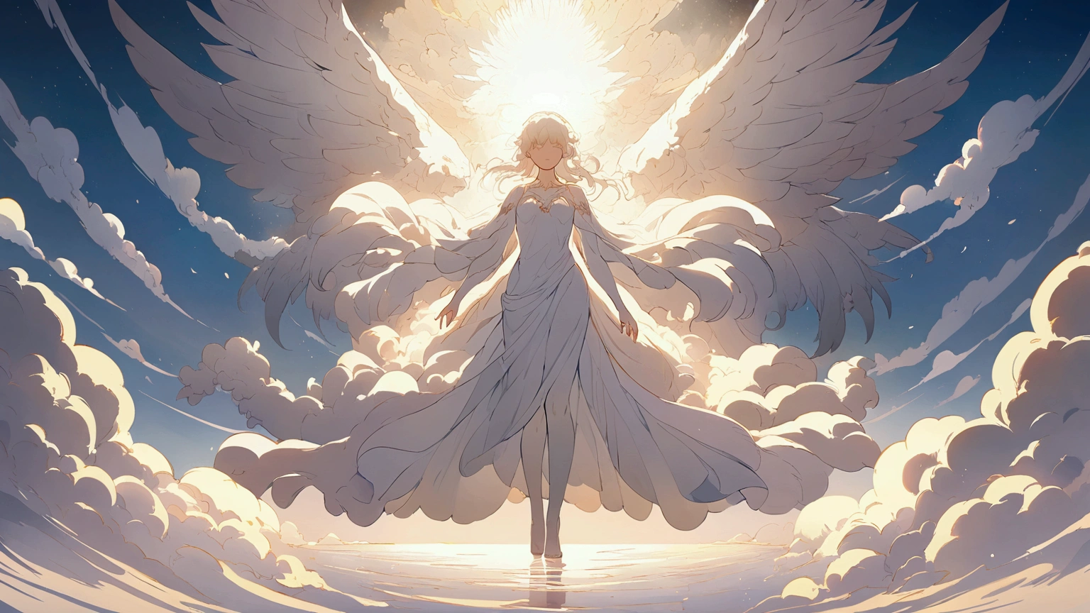 pure white expanse, endless light, ethereal, faceless god-like presence, mystical, serene, anime style