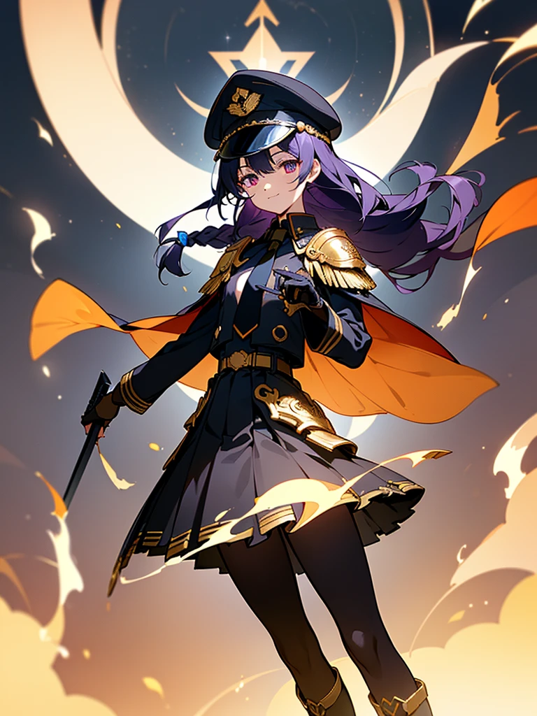 realisitic, City Deserted, Pile of rubble, Brick building, a one woman (18 years old, far away blackw hair, far away slits, Eyes red, glare eyes, 精致的面容, standing (In floor, feet shoulder-width apart), Lolita style military uniform (blackw base, blue Insert, golden decoration, volantes, wide sleeves, dainty and delicate detailing armors), blackw far away gloves (blackw, blue Insert, golden decoration, small hands, armors), blackw far away gloves, knee high boots (blackw, high-heels, red soles), ha (blackw, aba dourada, shield emblem, delicate details), arms in front, Front of belly, Holding military swords with both hands (blackw, golden decoration, delicate detail, Handle at the top, Ground-facing blade, in front of the body, far away), night sky (blackw, stele, Increased flames and smoke) Pale painting style, One Girl, super high quality, Super Detail, Super Detailed image, long hair, looking at viewer, skirt, shirt, hair ornament, violet eyes, gloves, round glasses, long sleeves, hat, closed mouth, jacket, violet hair, braid, open clothes, necktie, black gloves, black skirt, uniform, single braid, open jacket, black jacket, black headwear, 手链, peaked cap, black necktie, cropped jacket, military hat, pantyhose, Flat Chest, smile, Black Cape