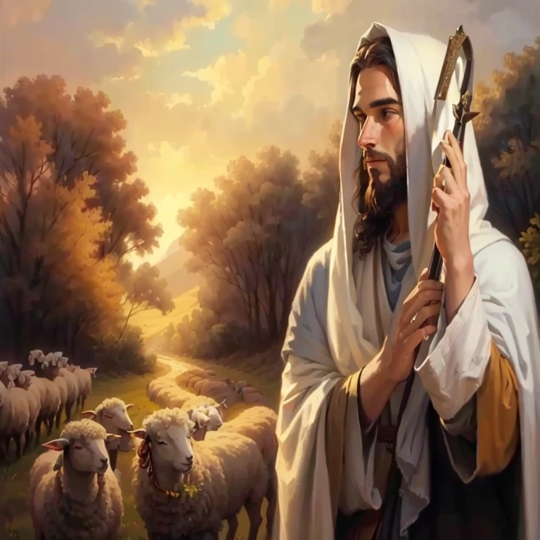 painting of a man with a sheep and a shepherd in a field, JesusChrist, Jesus of Nazareth, the lord and savior, Christian art, religious imagery, portrait of JesusChrist, greg olsen, jesus, he is greeting you warmly, Young God Almighty, bible illustration, religious painting, the most beautiful scene, JesusChrist in mass effect, sua mente contemplando a eternidade