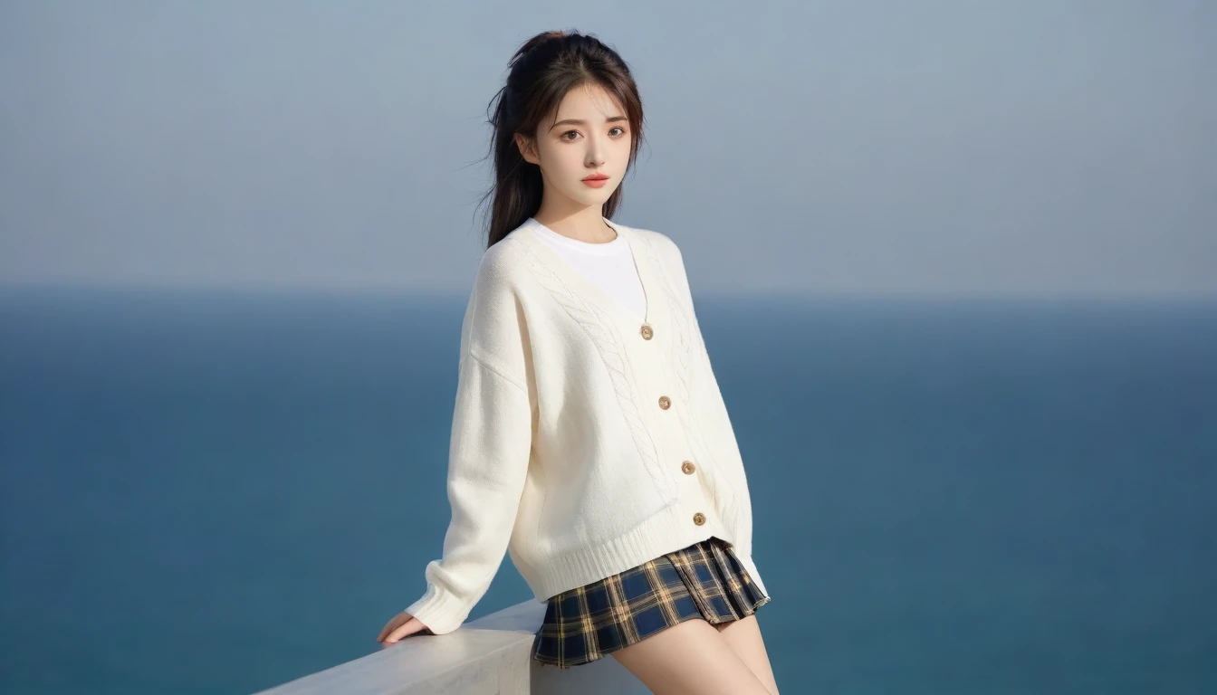 8K, Ultra-high resolution, Highest quality, masterpiece, 三分割法によるphotograph,Surreal, photograph, 1 Girl, (16 years old:1.3), pretty girl, Cute face, Beautiful eyes in every detail, 細かくdetailedに,masterpiece,One Girl:1.2, Japan Female Announcer,whole body,from below,Fearful expression,Black Hair,Messy hair,Cyber city of the near future,Wearing a cardigan sweater on your back、A girl alone in the middle of the road, Tartan check pencil skirt, White knee-high socks and black shoes,Beautiful leg line beauty,Realistic Skin, Perfect and beautiful face ,完璧でCute face, Skin with attention to detail, Perfect limbs、Narrow waist、Thin legs),Looking at the audience、beauty,Long neck、(((Ideal body type))),A cup small breasts :2,Portraiture:2,Perfect Anatomy,鮮明なdetailed,detailed,Surreal,Light and shadow,darkness