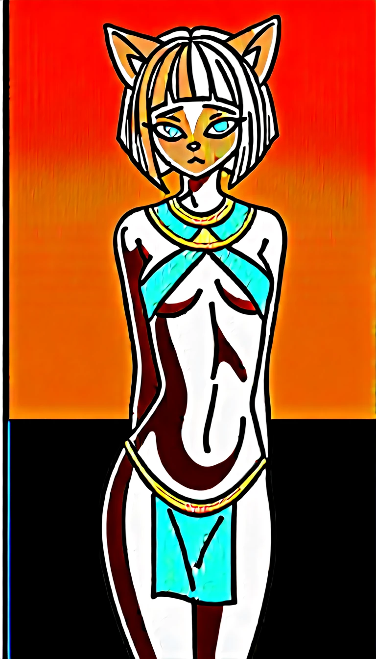 tired expression, 1girl, anthro, furry, fur, fluffy fur, siamese cat, cat girl, white hair (brown highlights), blue eyes, short hair, (19 years), medium breast, thighs, solo, (egyptian temple), sunset, half-closed eyes, detailed, blues belly dancer outfit, blue loincloth, depressed, sad, sunset, standing, looking at the viewer, score_9, score_8_up, score_7_up, score_6_up, score_5_up, score_4_up