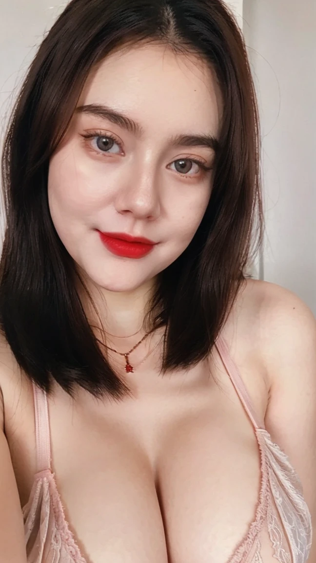 1 Girl, Beautiful, Baby Face, White Skin, Gigantic Colossal Chest, instagram photo, closeup face photo of 20 y.o Chloe in pink G-string, Red Lipstick, sensual Lipstick, Sensational Make Up, , pale skin, (smile:0.4), hard shadows, Red G-STRING