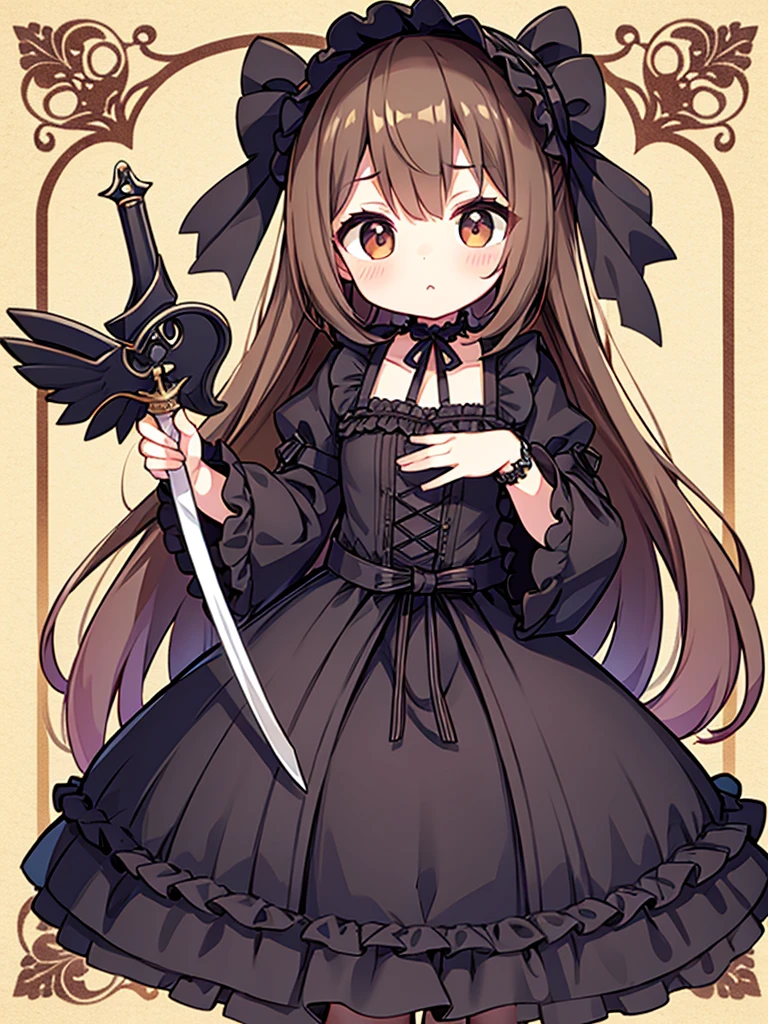 Full-body portrait、Holding a black sword、woman、、Brown Hair、Long Hair、Mischievous、Brown-based Gothic ta