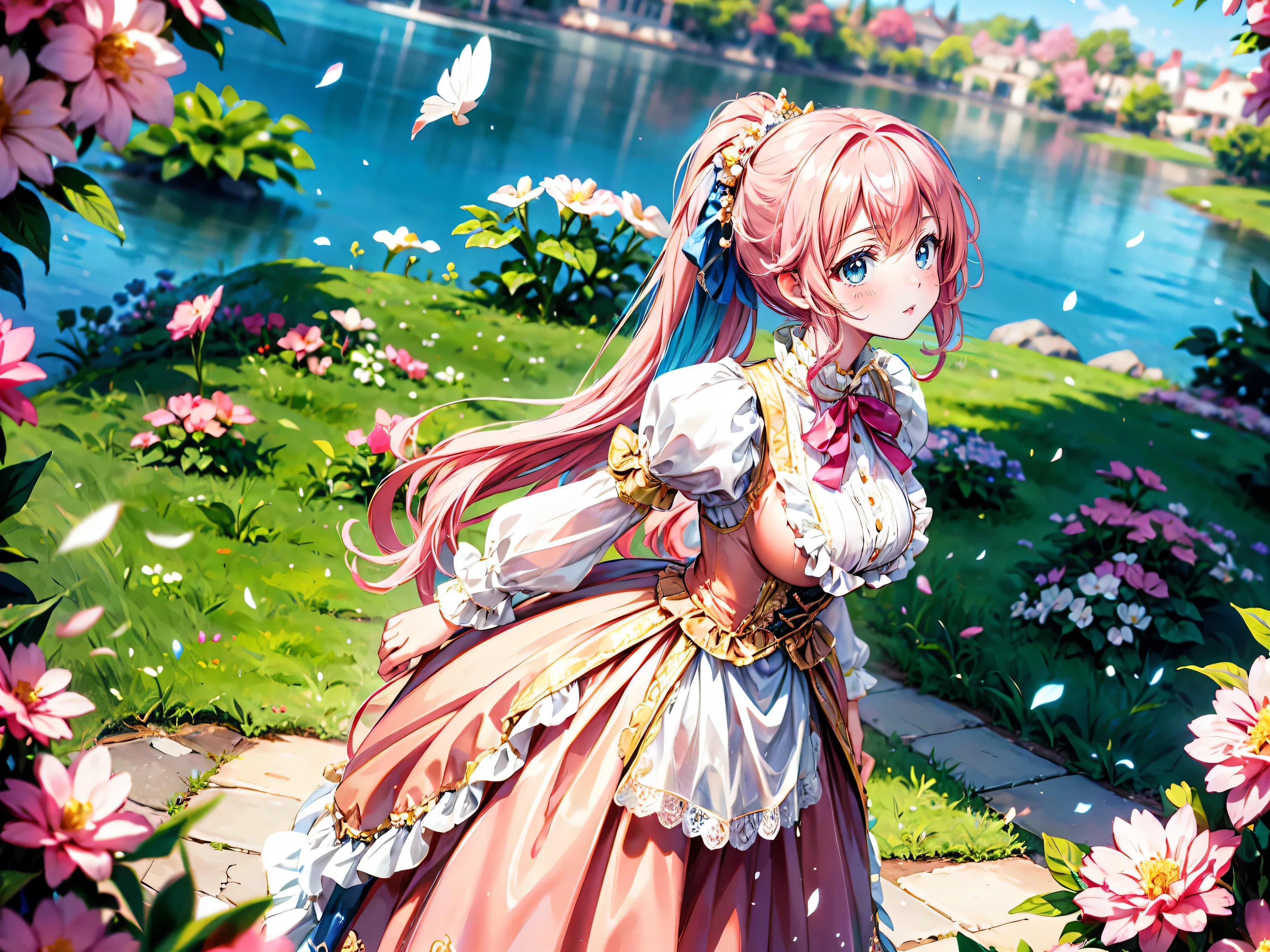 anime moe art style, ((Masterpiece, ultra detailed, exquisite quality)), (((young face solo princess))), (dress light yellow dress), (((ultra elaborate gorgeous rococo victorian gown with voluminous hoopskirt and long hems and lot of frills and pleats dense lace and cute ribbon, princess style skirt, ultra lovely gown))), (((hair pink hair))), ((fluffy long ponytail)), (Expressive very voluminous hair), ((huge breasts)), breasts cleavage, (((leaning forward, looking up, from above, front view))), super delicate face, kawaii face, (hyper detail delicate eyes, hyper beautiful eyes), (eyes blue eyes), (((So lot's of colorful flowers))), ((face focus, eyes focus, blurry background:1.5)), (isometric 3D:1.3), particle effect,