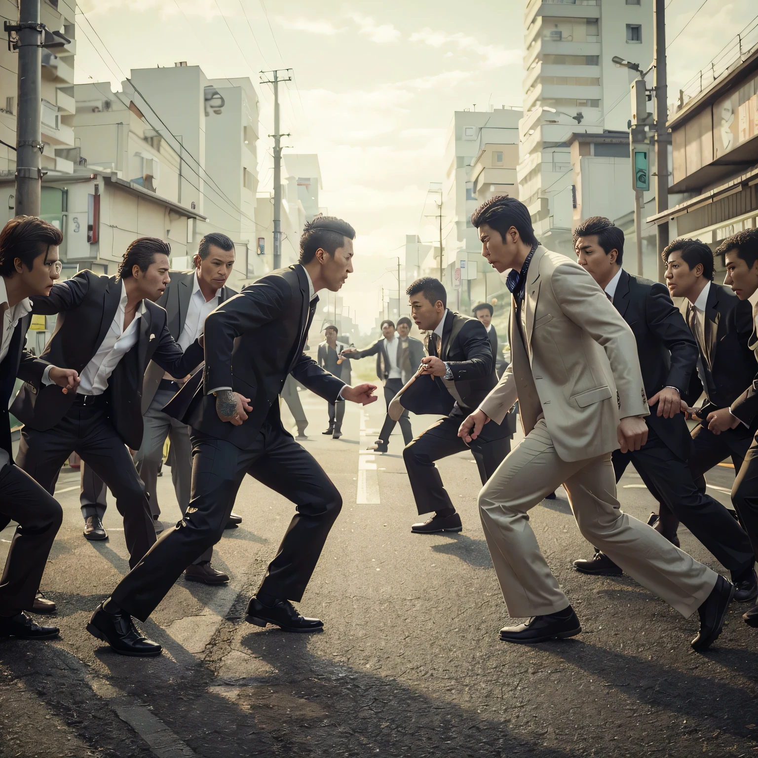 2 groups of yakuza are fighting, Realistic, Cinematic, very detail, 4K