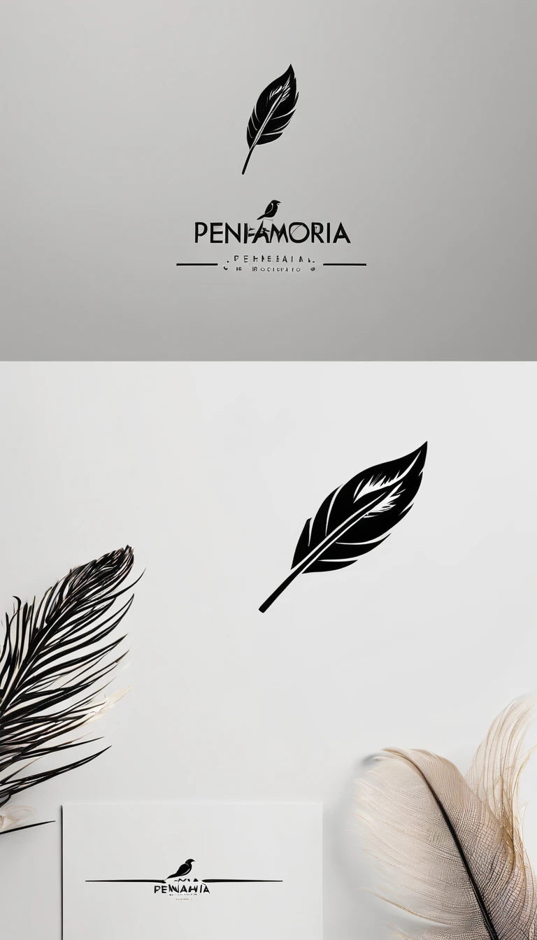 A minimal, modern, simple, cinematic logo design for the brand “Penamemoria". Create a modern, minimalistic, high-quality, logo of a feather-bird