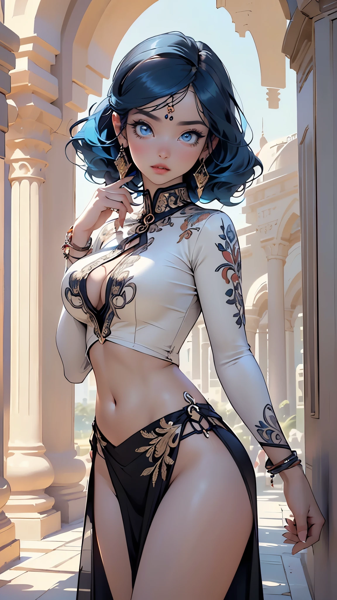 ((((indian girl)))),
girl,((blue_body:1.3, blue_face:1.3, completely blue_skin:1.3)),(large breasts:1.4),saggy breasts,((((blue hair)))),(((blue_eyes:1.3))),intricate eyes,beautiful detailed eyes,symmetrical eyes,(((lustrous skin:1.5,bright skin: 1.5,shiny skin,very shiny skin,shiny body))),(spider lower abdomen,narrow waist,wide hip,bimbo body,inflated legs,thick thighs),(((detailed face))),
(cute,slutty,sensual,seductive look,seductive,((erotic)),opulent,sumptuous,longingly,(nsfw)),
(arabian clothes, harem outfit, arabian dancing girl, belly dancer outfit, sex slave, jewelry, sheer loincloth, pelvic curtain, midriff, bracelets,),(arabian jewelry,intricate necklace),(((intricate outfit,intricate clothes))),(((intricate outfit,intricate clothes,embroidered outfit,ornate outfit))),
(dynamic pose:1.0),embarrassed,(centered,scale to fit dimensions,Rule of thirds),
indoors,(huge columns of an Arab palace,arab palace,arab palace background),scenery,extremely scenery,arab style,
(Glossy arab ornaments),highres,sharp focus,(ultra detailed,extremely detailed),(photorealistic artwork:1.37),(extremely detailed CG unity 8k wallpaper),(((vibrant colors,vibrant theme))),(intricate),(masterpiece),(best quality),artistic photography,(photography taken by sldr),(intricate background),perfect rendered face,perfect face details,realistic face,photo realistic,((intricate detail)),(((realism))),