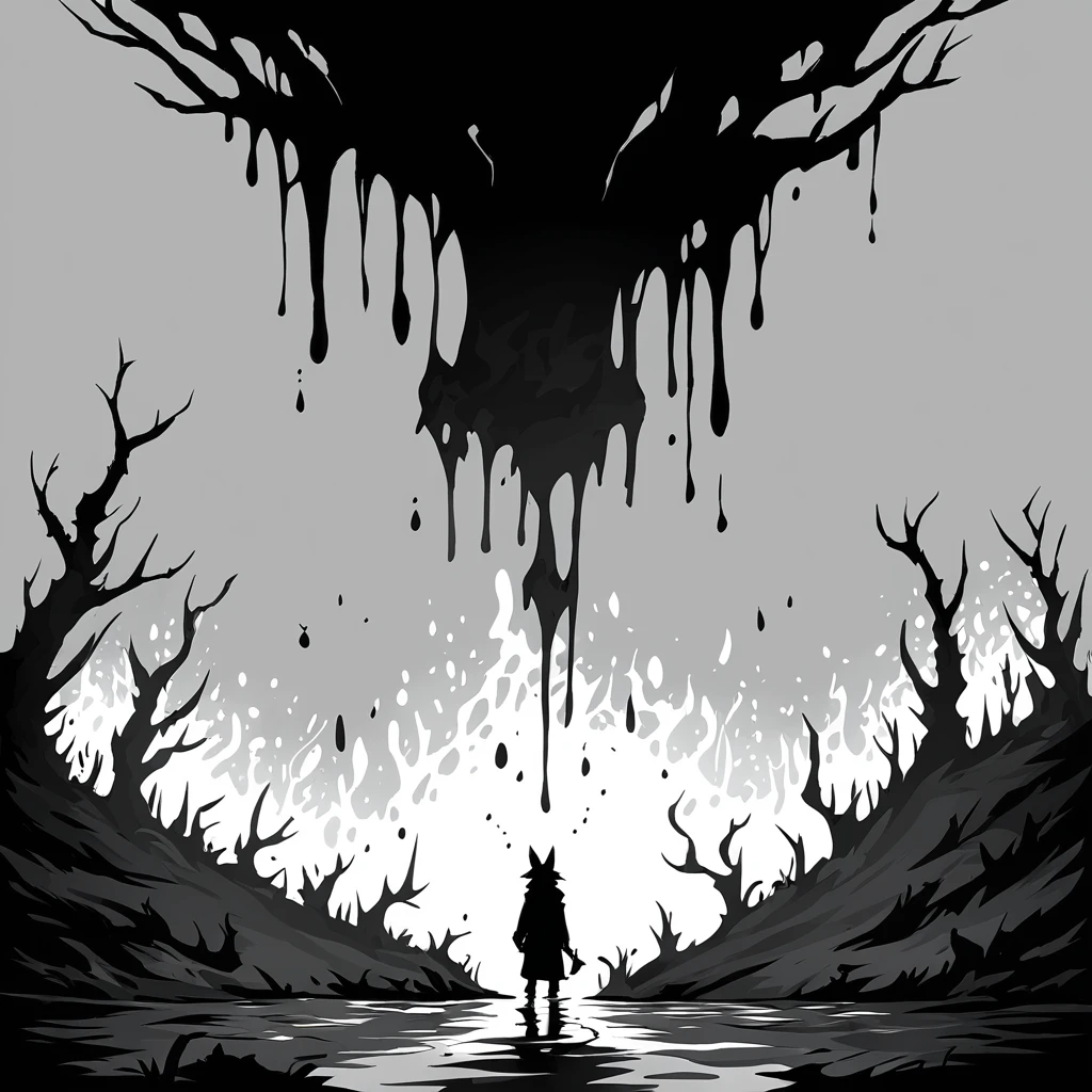 When The Darkness Comes in ink dripping art style