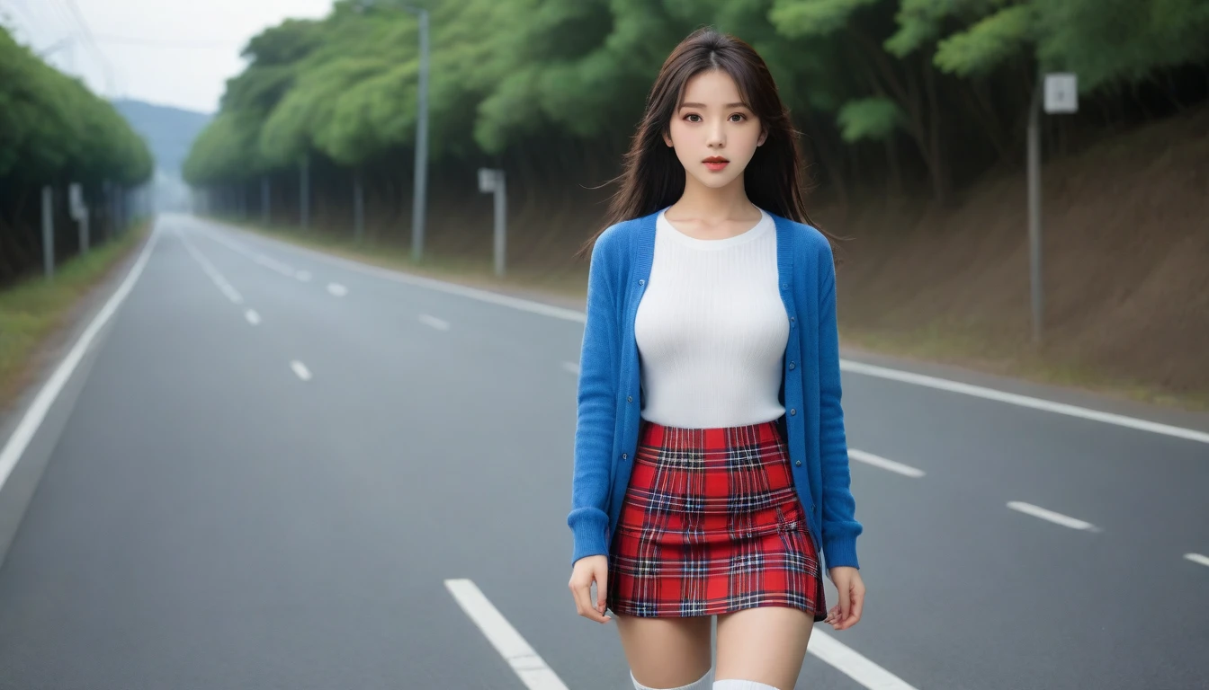 8K, Ultra-high resolution, Highest quality, masterpiece, 三分割法によるphotograph,Surreal, photograph, 1 Girl, (16 years old:1.3), pretty girl, Cute face, Beautiful eyes in every detail, 細かくdetailedに,masterpiece,One Girl:1.2, Japan Female Announcer,whole body,from below,Fearful expression,Black Hair,Messy hair,Cyber city of the near future,Wearing a cardigan sweater on your back、A girl alone in the middle of the road, Tartan check pencil skirt, White knee-high socks and black shoes,Beautiful leg line beauty,Realistic Skin, Perfect and beautiful face ,完璧でCute face, Skin with attention to detail, Perfect limbs、Narrow waist、Thin legs),Looking at the audience、beauty,Long neck、(((Ideal body type))),A cup small breasts :2,Portraiture:2,Perfect ???????,鮮明なdetailed,detailed,Surreal,Light and shadow,darkness