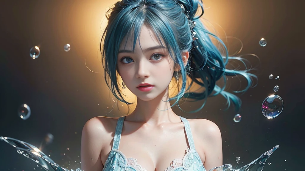 (masterpiece), (Highest quality), (Very detailed), (Disheveled Hair), (shape), (One Girl), (Fashionable clothes), Are standing, Fashion Model, Beholder, (interview), (Simple Background), Beautiful and beautiful eyes, Delicate and beautiful face, floating, (High chroma), (Colorful Splash), Colorful bubbles, (Shine), Focus on the face, ponytail, Light blue hair, bangs, Hair Ring, floating Flowers, floating Hairs, (The Shining), Best lighting, Best Shadow, Big, firm, swaying breasts