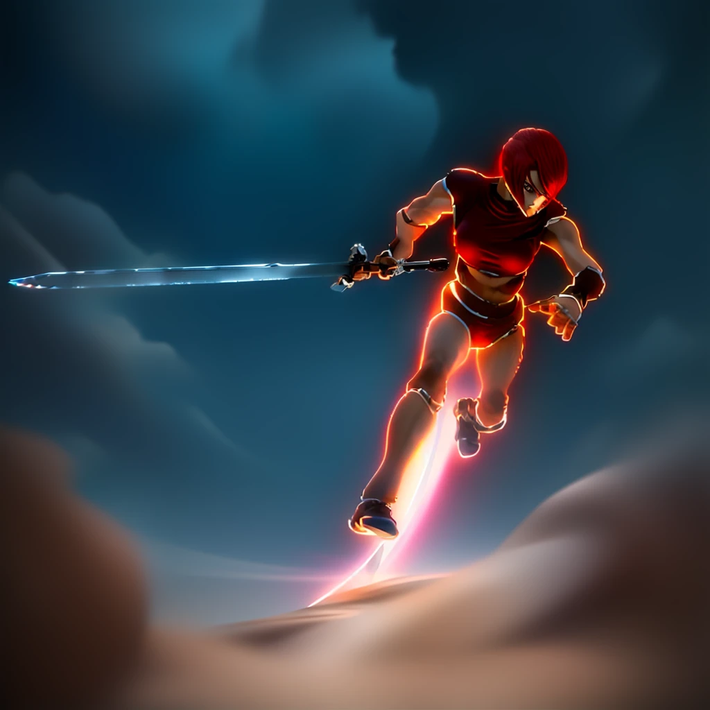 Beautiful erza running with a sword in her right hand, dynamic movement, dynamic pose perspective, dynamic perspective pose, foreshortening, metal armor, crystals, red hair, glowing brown eyes, tan skin, brawny, dirty, toned, big ass, big hips, big thighs, big legs, big breasts, small waist, narrow waist, thin, skinny, slim